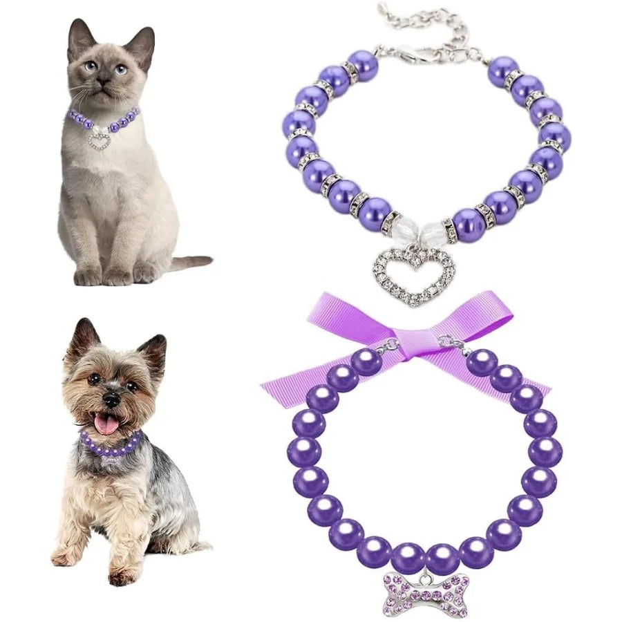2 Pack Purple Dog Collars for Small DogsBling Pearl Puppy Collar Necklace Female Rhinestone Beaded Pearl Cat Collar Girls Cryst