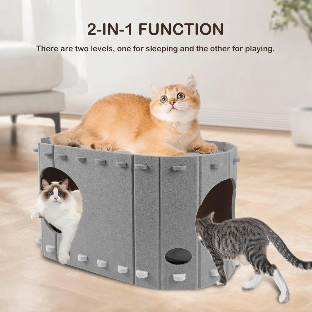 Heated Cat House for Indoor Cats,with Timer & Temp Adjustable Pet Heating Pad Bed Included,Large Foldable Cat Houses & Condos