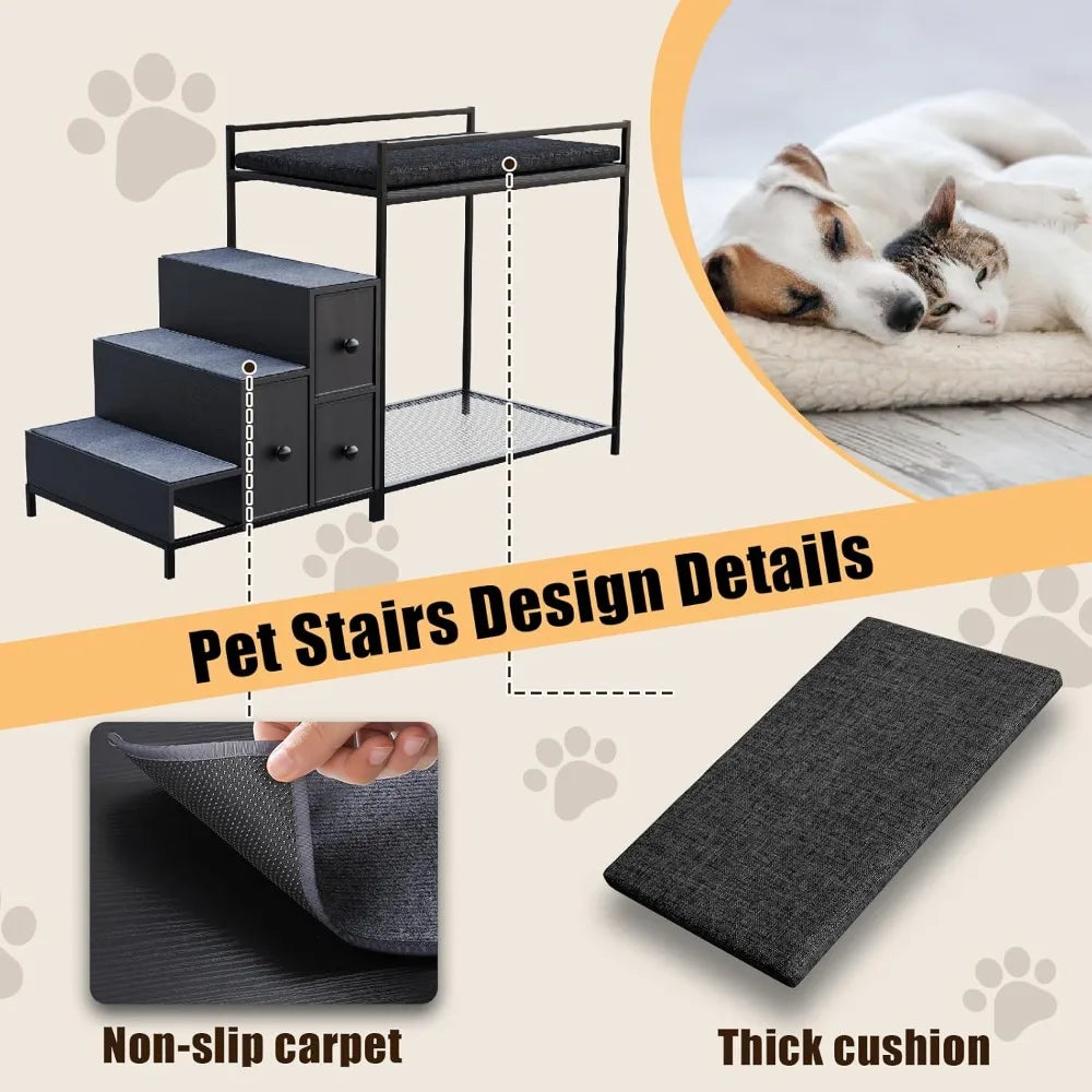 Pet Bunk Bed with Stairs and Storage, Dogs/Cats Window Perch, Bedside Lounge Elevated Dog Bed Multi-Level Platform with Foam