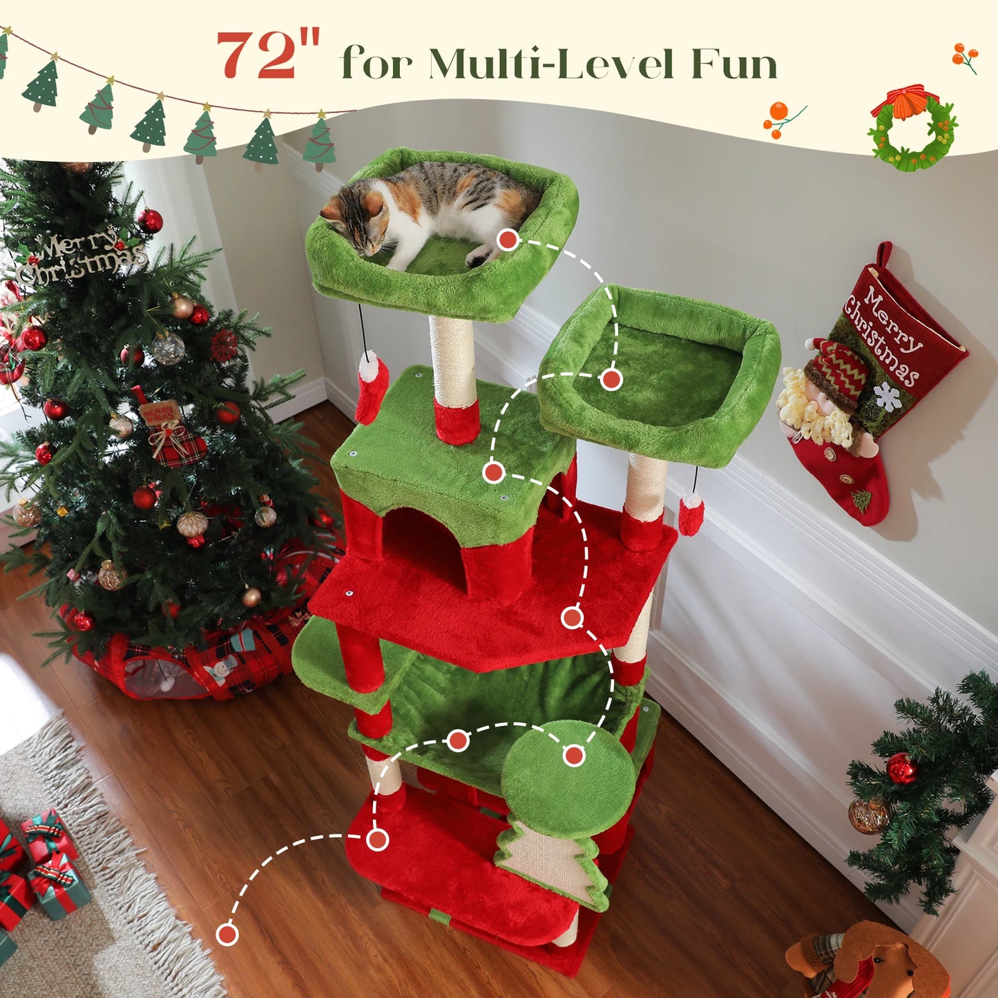 Christmas Cat Tree with Sisal Scratching Posts Spacious Condo Hammock Tall Large Cat Tower for Indoor Cat House Bed Cat Toys