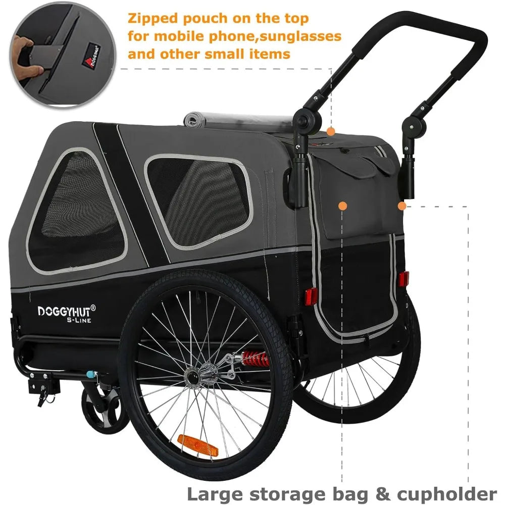 DOGGYHUT® S-Line XL Pet Bike Trailer & Stroller for Dogs Up to 100 lbs,Folding Frame Cart, Suspension Wheels,Low Center of Gravi