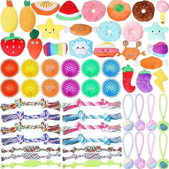 Syhood 60 Pcs Squeaky Dog Toys Bulk Stuffed Plush Chew Puppy Teething Rope Cute Spiky Chew Ball for Small Dog Pet Teething(Lovel
