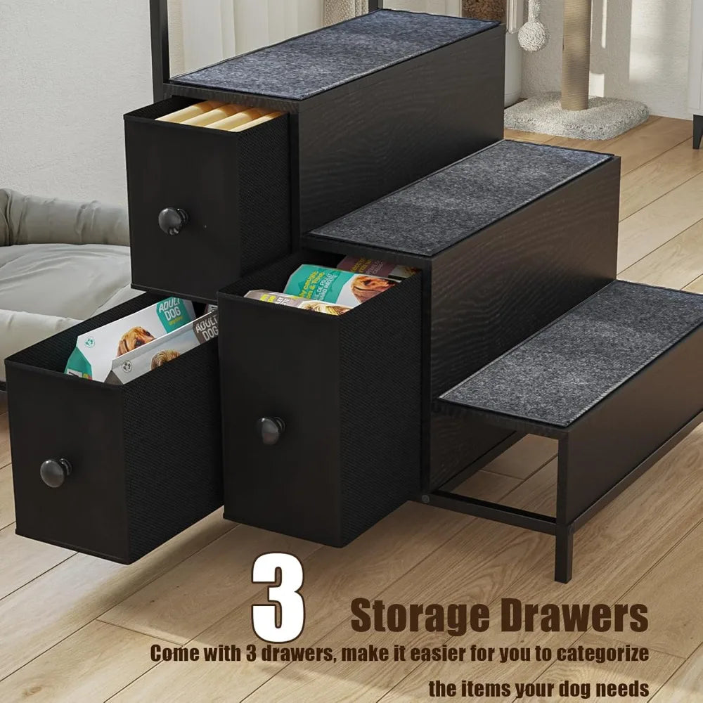 Pet Bunk Bed with Stairs and Storage, Dogs/Cats Window Perch, Bedside Lounge Elevated Dog Bed Multi-Level Platform with Foam