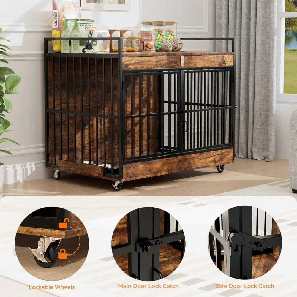 Dog Crate Furniture for Large Dog with 2 Stainless Steel Bowls, Large Wooden Dog Crate Table, XL Heavy Duty