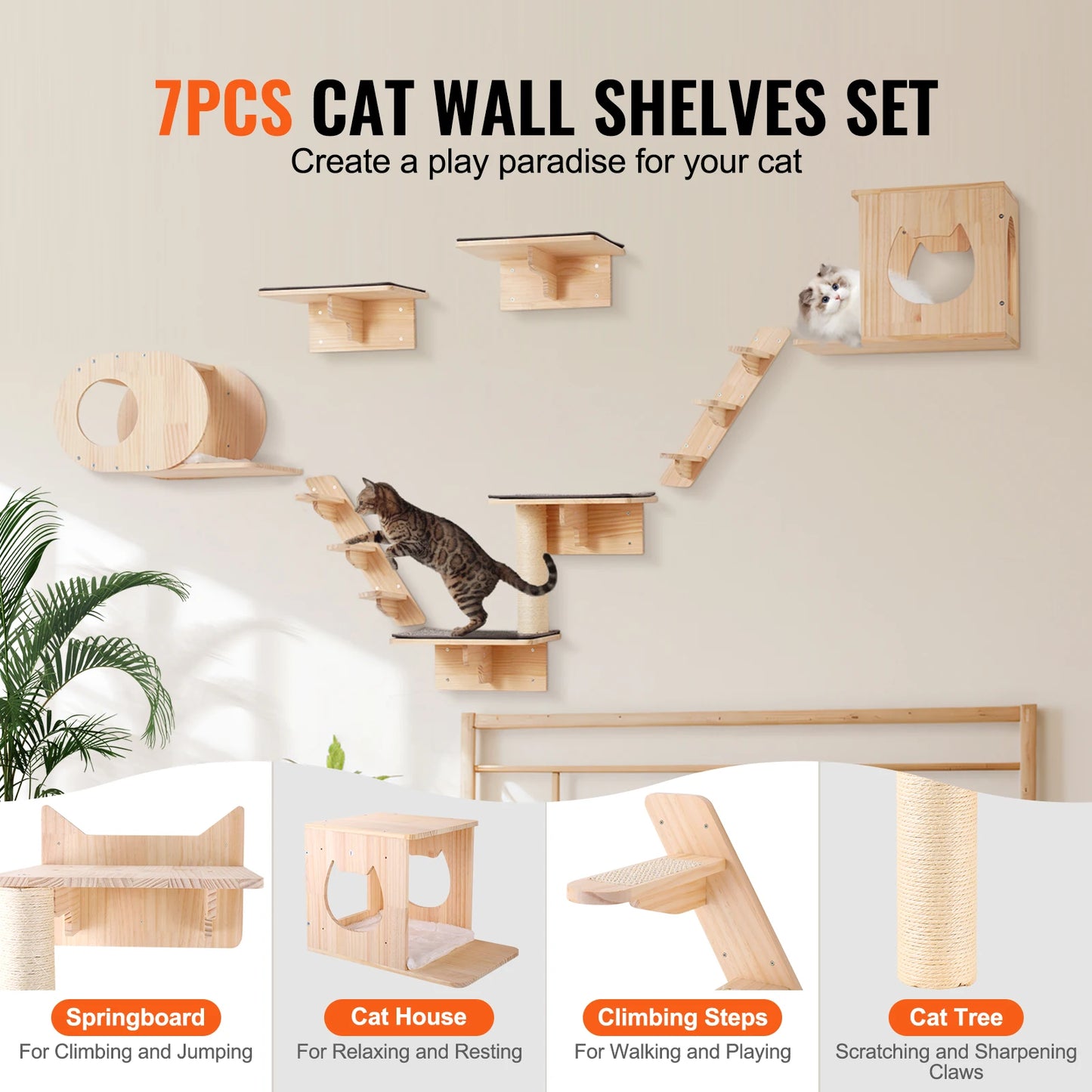 SucceBuy Wall Mounted Cat Shelves Cat Wall Shelves and Perches with Jumping Boards Hammocks & Cat Tree Cat Furniture and Shelves