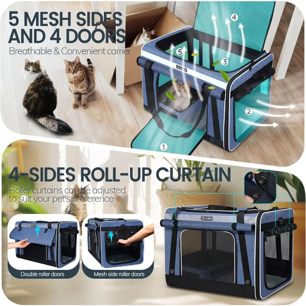 Extra Large Cat Carrier with Wheels and Litter Box, 24x17x17 Rolling Soft Carrier for Pets up to 55LBS with 5 Breathable Mesh
