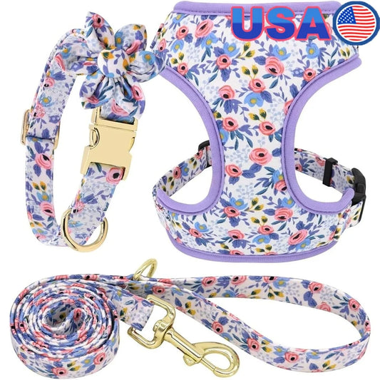 Cute Dog Harness Leash Collar Set Adjustable Floral Soft Mesh Pet Vest Puppies Girls Wedding Party Outdoor Activities
