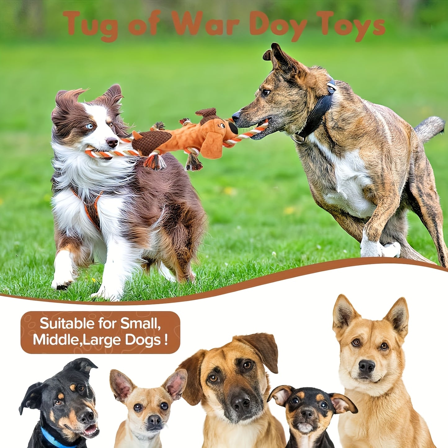 Tough Squeaky Dog Toys for Aggressive Chewers - Interactive Pull Rope with Animal Print, Durable Plush Chew Toys for Small Medium & Large Dogs, No Batteries Needed