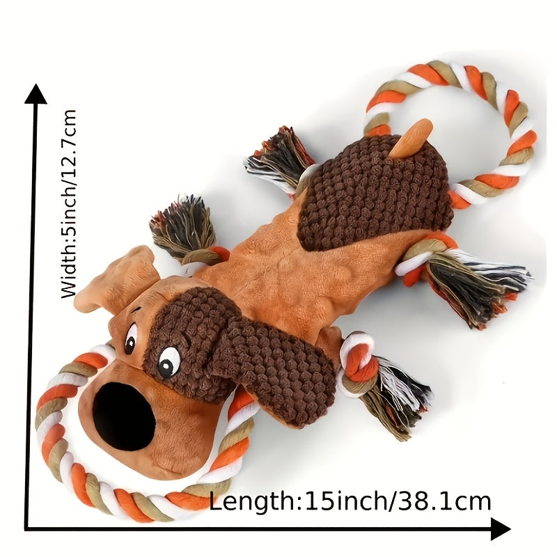 Tough Squeaky Dog Toys for Aggressive Chewers - Interactive Pull Rope with Animal Print, Durable Plush Chew Toys for Small Medium & Large Dogs, No Batteries Needed