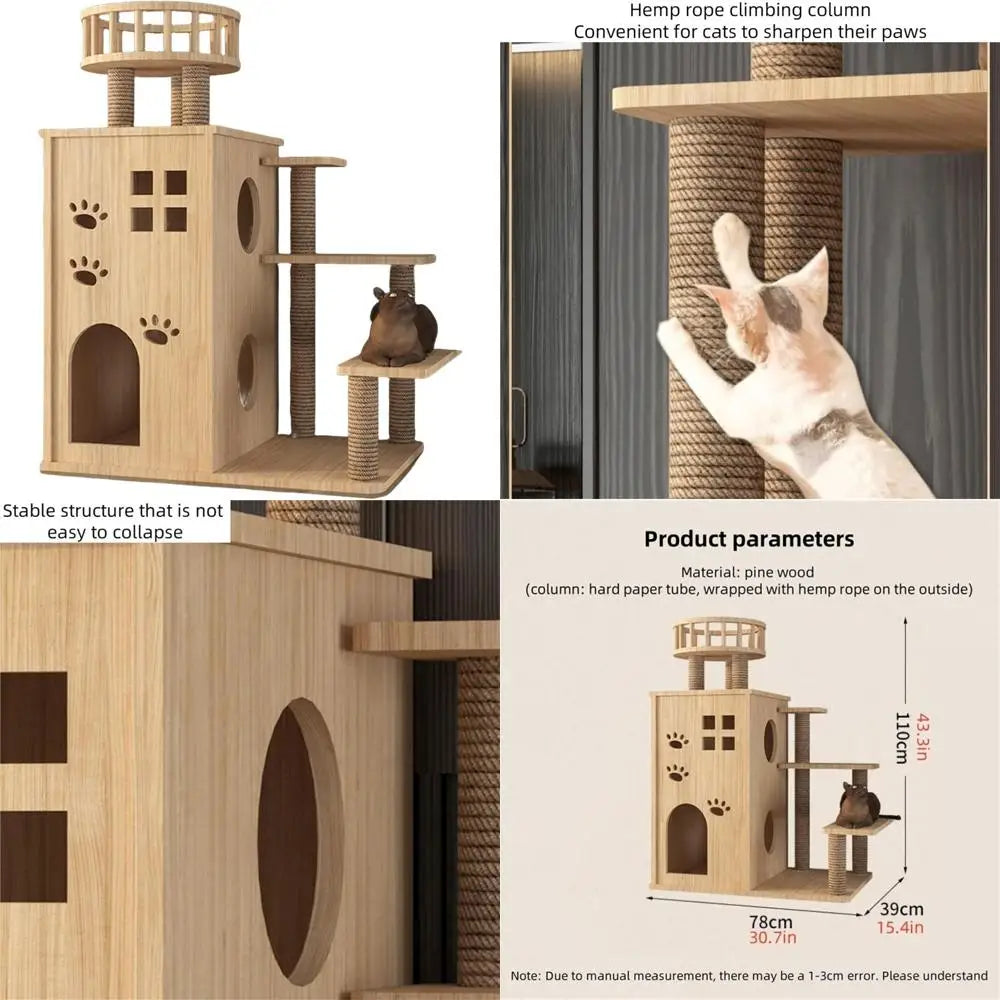 "indoor modern cat tower with scratching post, jumping platforms, and observation deck"