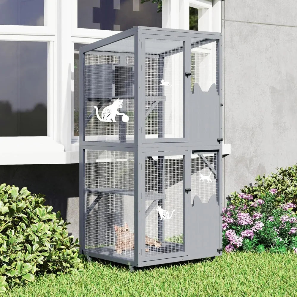 Catio Outdoor Cat Enclosure Window Access, Outdoor Cat House with Wheels, Cage for Cats Indoor(Grey, Medium)