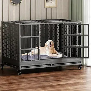 48 Inch Heavy Duty Dog Crate with Wheels, Folding Metal Big Dog Cage for Large and Medium Dogs, Extra Large XL XXL Indestructibl