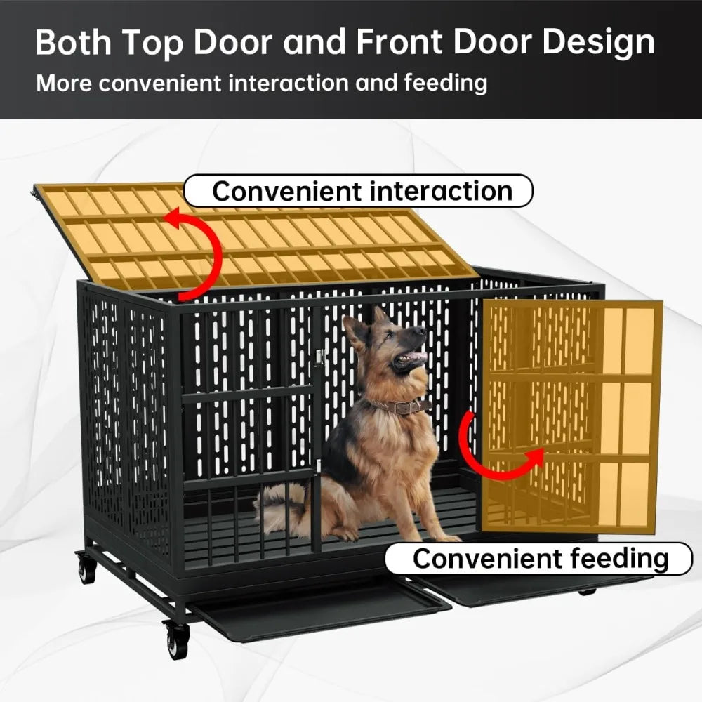 48 Inch Heavy Duty Dog Crate with Wheels, Folding Metal Big Dog Cage for Large and Medium Dogs, Extra Large XL XXL Indestructibl