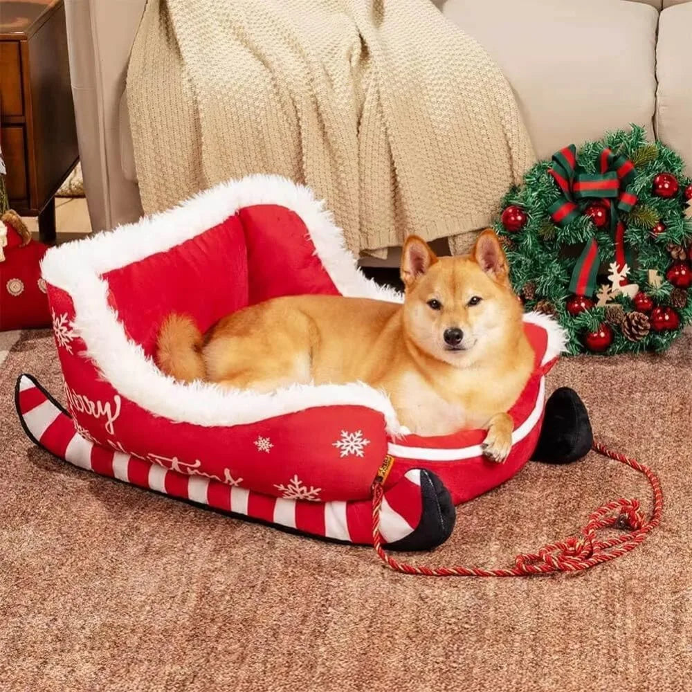 Christmas Sleigh-Themed Plush Dog and Cat Bed, 2025 Edition - Soft, Washable Holiday Pet Sofa