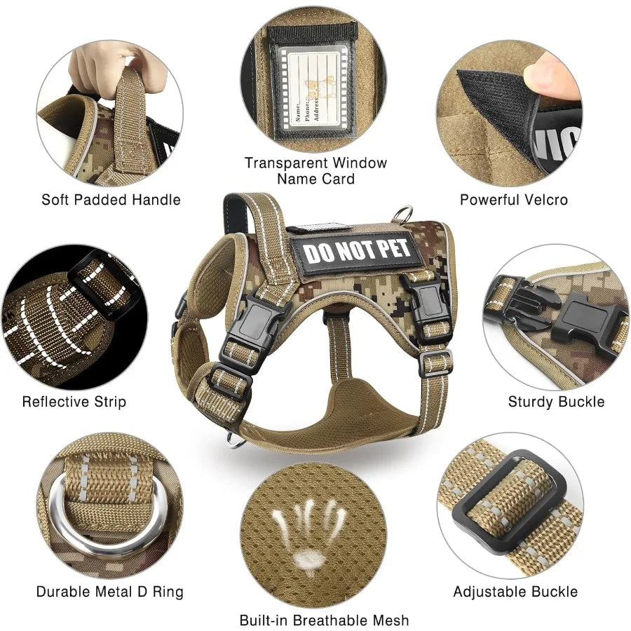 Tactical Dog Harness and Leash Set for Large Dogs: Heavy Duty No Pull Service Dog Vest with 10 Patches Reflective Adjustable Pe