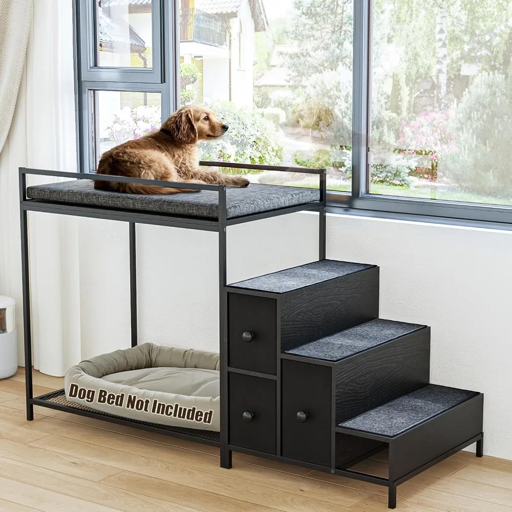 Pet Bunk Bed with Stairs and Storage, Dogs/Cats Window Perch, Bedside Lounge Elevated Dog Bed Multi-Level Platform with Foam