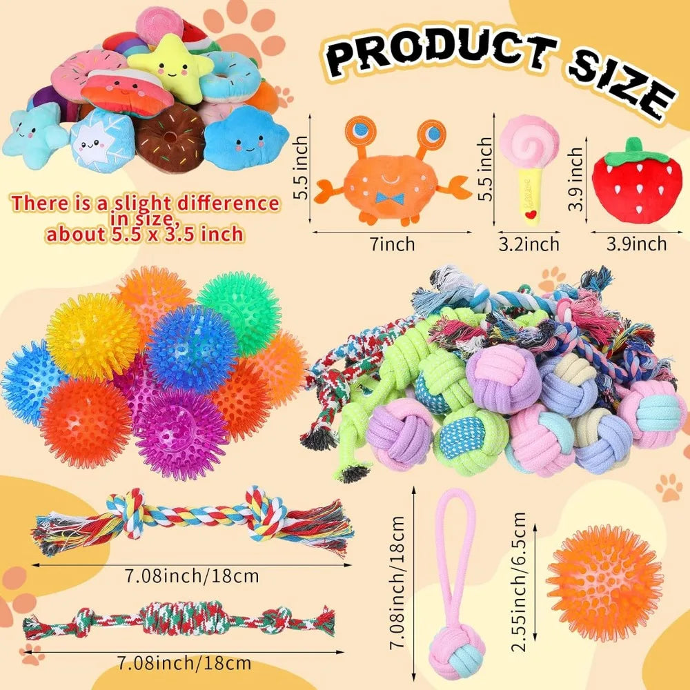 Syhood 60 Pcs Squeaky Dog Toys Bulk Stuffed Plush Chew Puppy Teething Rope Cute Spiky Chew Ball for Small Dog Pet Teething(Lovel