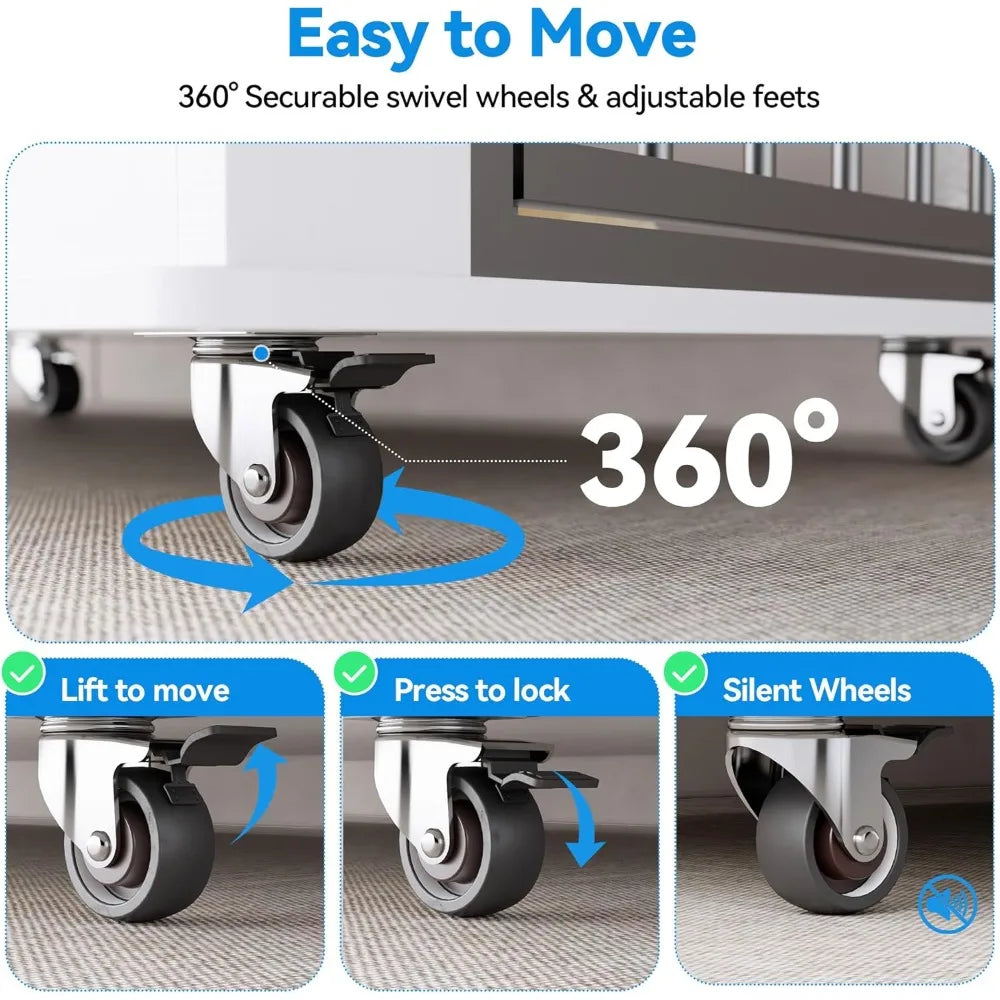 63 Dog Crate Furniture for 2 Dogs, XL Large Indoor Wooden Dog Kennel with Divider, 6 Lockable Wheels & Storage, Heavy Duty