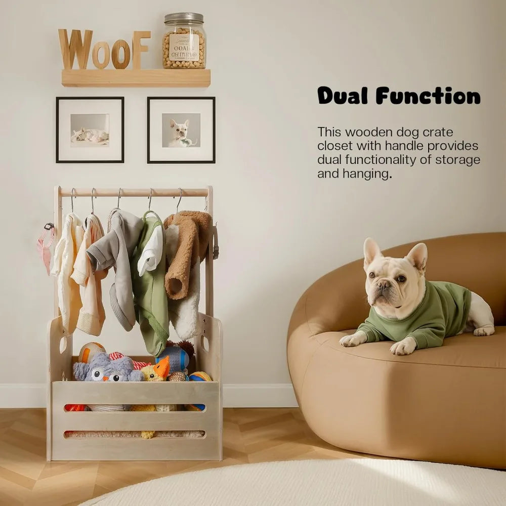 35L Wooden Dog Storage Organizer, Dog Toy Bin with Hanging Rods, 27"x16"x11" Pet Wardrobe Closet with 2 Metal Hooks, Pet Clothes