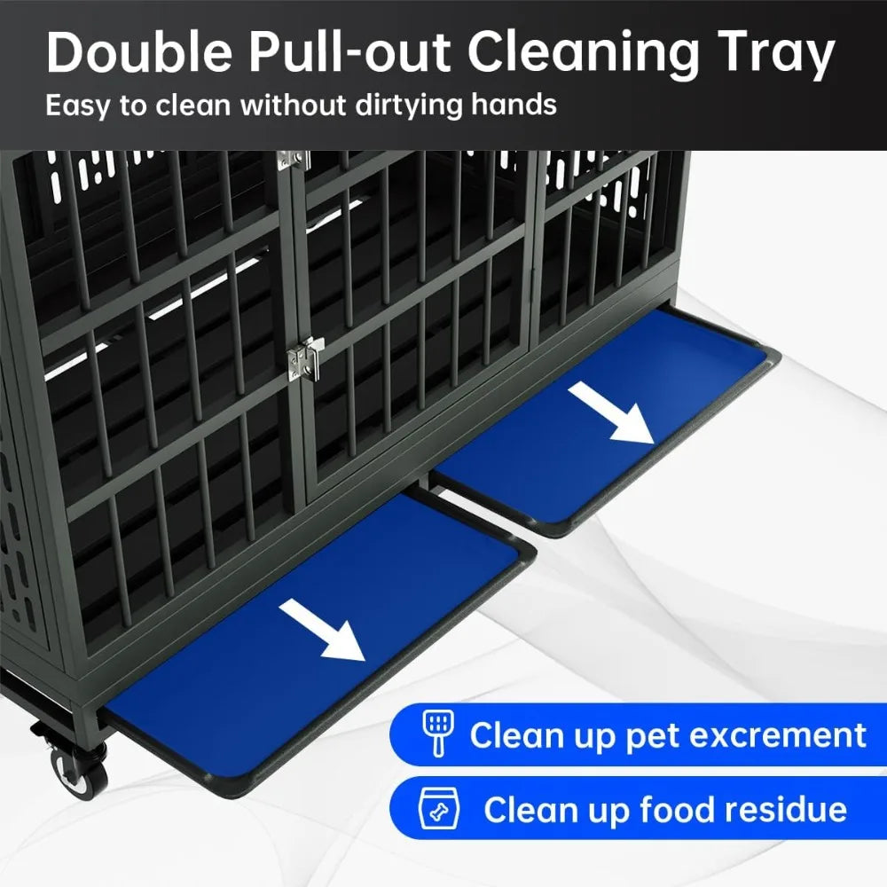 48 Inch Heavy Duty Dog Crate with Wheels, Folding Metal Big Dog Cage for Large and Medium Dogs, Extra Large XL XXL Indestructibl