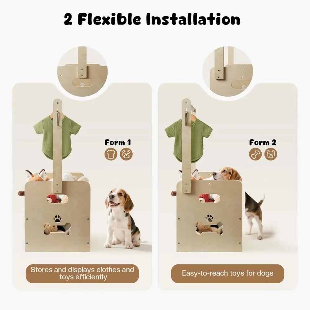 35L Wooden Dog Storage Organizer, Dog Toy Bin with Hanging Rods, 27"x16"x11" Pet Wardrobe Closet with 2 Metal Hooks, Pet Clothes