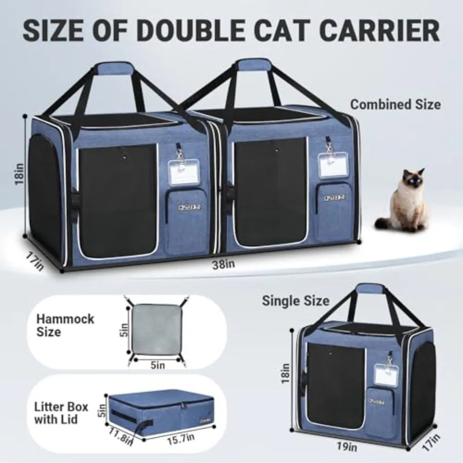 2 in 1 Double Cat Car Travel Carrier with Builtin Litter Box for Multiple Cats 38x17x18 Extra Large Portable Dual Carrier with