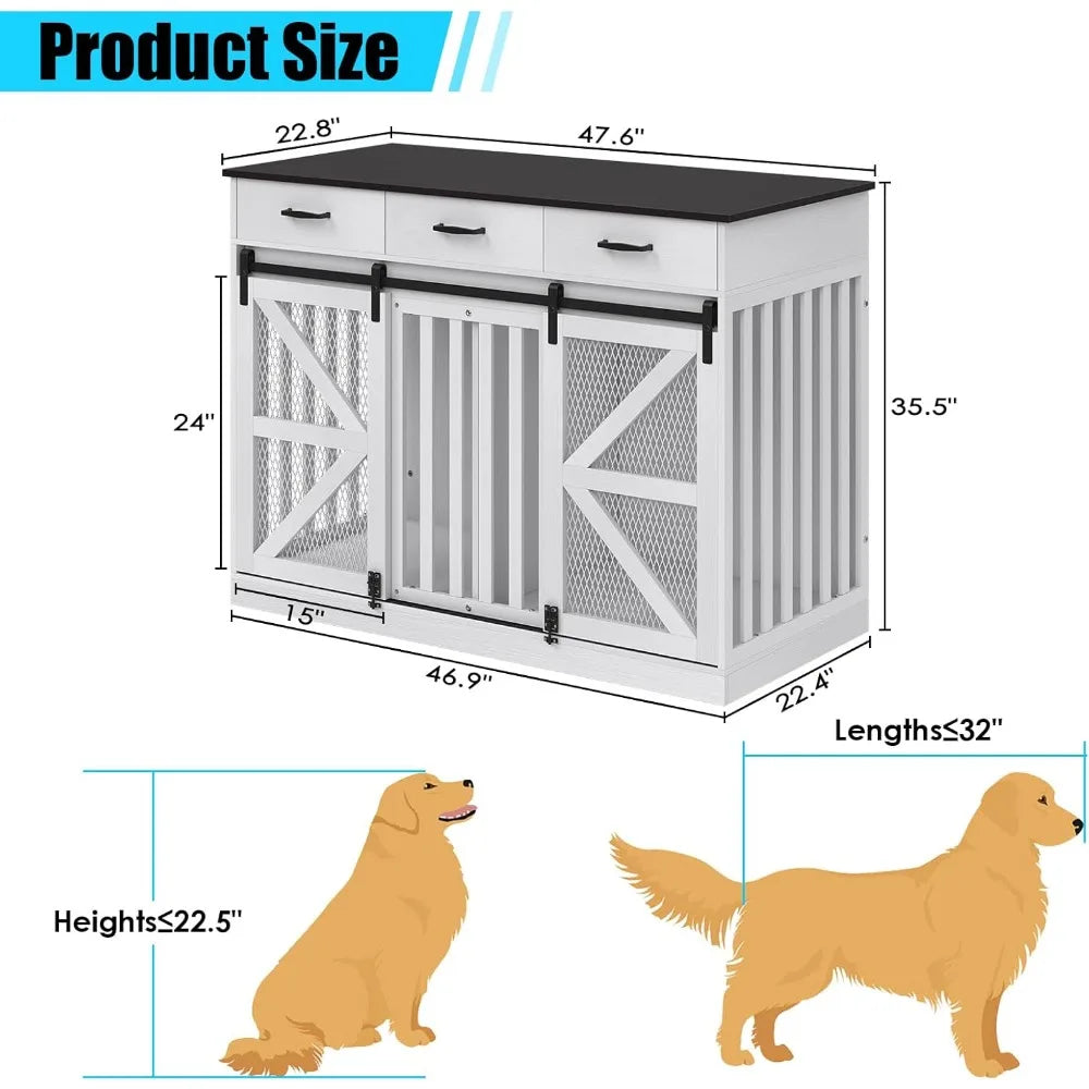 Double Door Wooden Dog Crate with Removable Divider and Storage for Medium to Extra Large Dogs