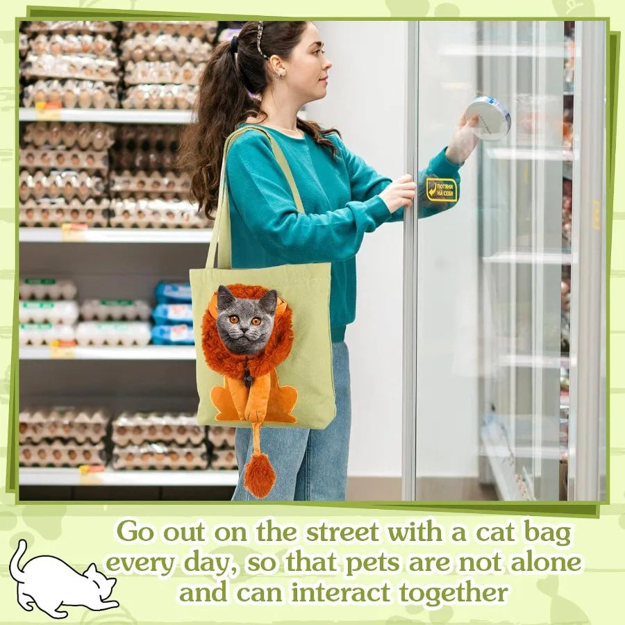 Portable Green LionShaped Canvas Shoulder Bag for Small Animals: Cute Cat Carrier and Tote Handbag Ideal for Outdoor Travel Pet