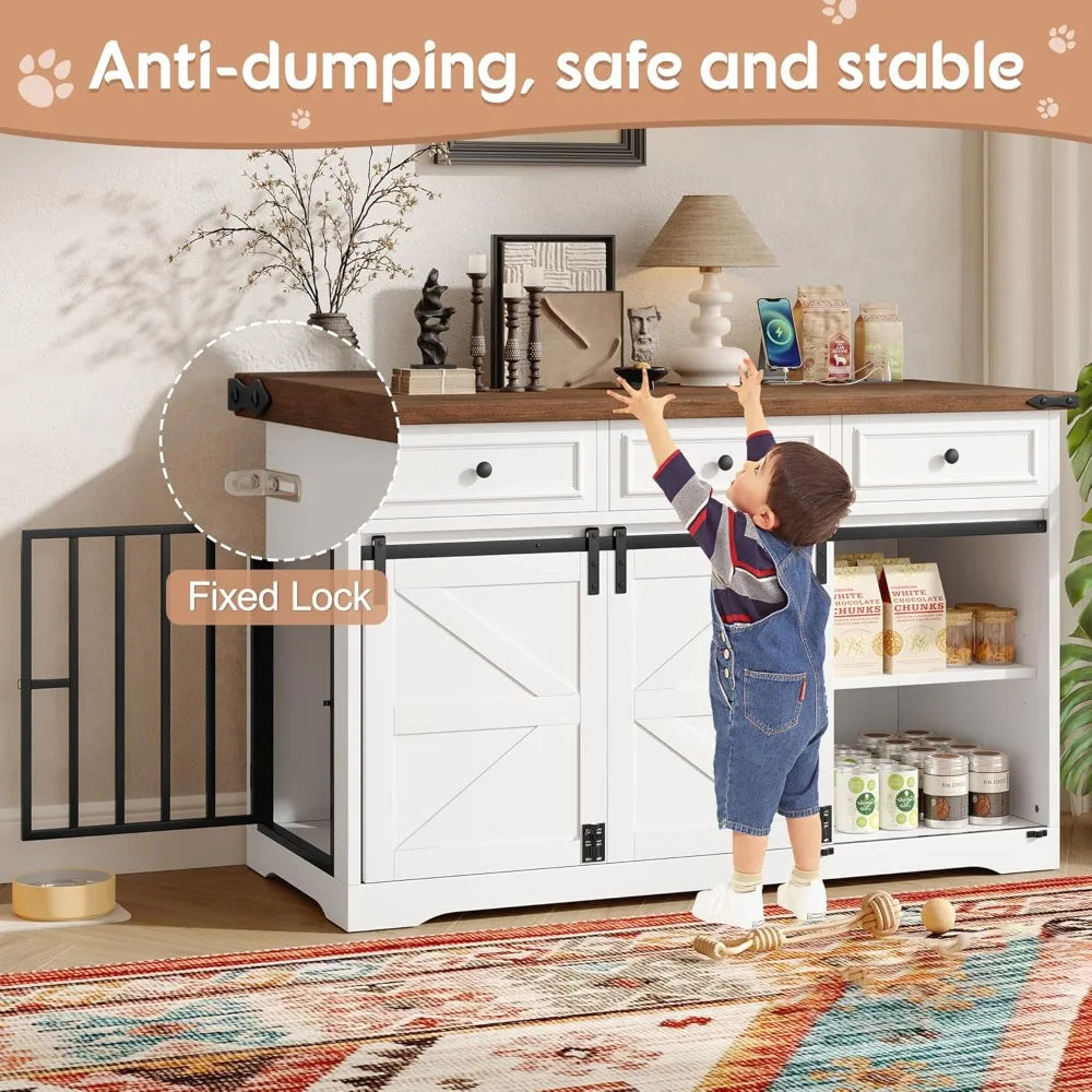 55.1" Furniture Style Dog Crate Furniture, Indoor Dog Kennel with 3 Storage Drawers, Farmhouse Dog Crate with Side Door and Slid