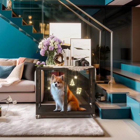 First Tempered Glass Dog Crate with Aluminum Frame Rolling Pet Cage Kennels with 2 Doors and Removable Tray