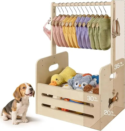 35L Wooden Dog Storage Organizer, Dog Toy Bin with Hanging Rods, 27"x16"x11" Pet Wardrobe Closet with 2 Metal Hooks, Pet Clothes