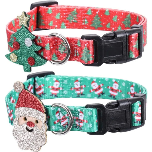 2 Pack Christmas Dog Collar Adjustable with Father Christmas and Xmas Tree Accessories