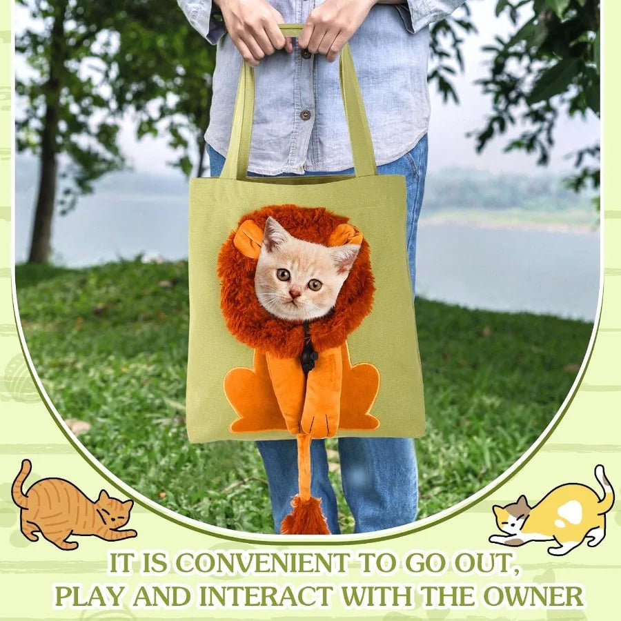 Portable Green LionShaped Canvas Shoulder Bag for Small Animals: Cute Cat Carrier and Tote Handbag Ideal for Outdoor Travel Pet