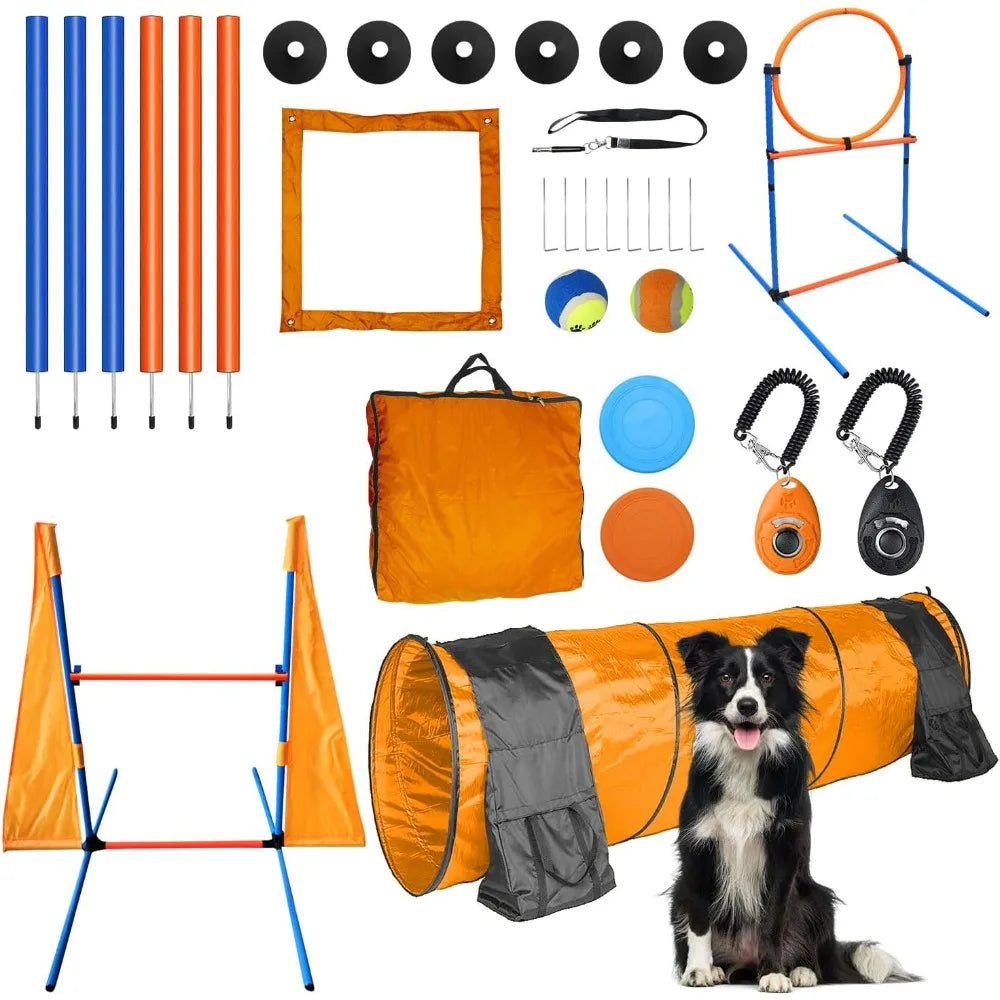 Dog Agility Training Equipment Set Outdoor Indoor Game, Tire Jump + Hurdle Jump, Tunnel, Weave Poles, Pause, 2 Toy Balls, 2 Disc