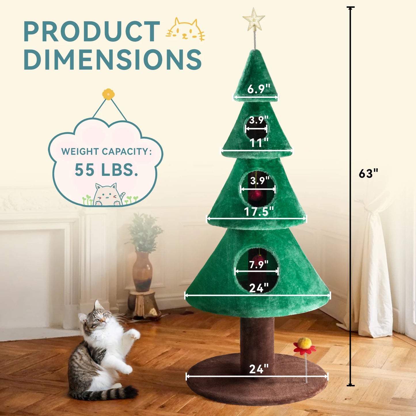 HOOMIC 63 Inches Cat Christmas Tree/Cat Tower/Cat House with Plush Ball/Cat Toys/Cozy Cat Condo for Indoor Cats/Wide Base/Green