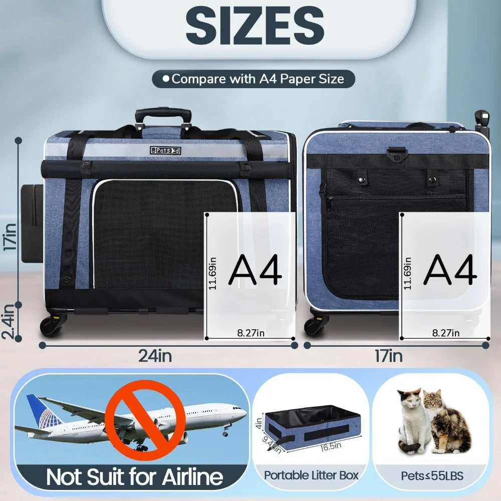 Extra Large Cat Carrier with Wheels and Litter Box, 24x17x17 Rolling Soft Carrier for Pets up to 55LBS with 5 Breathable Mesh
