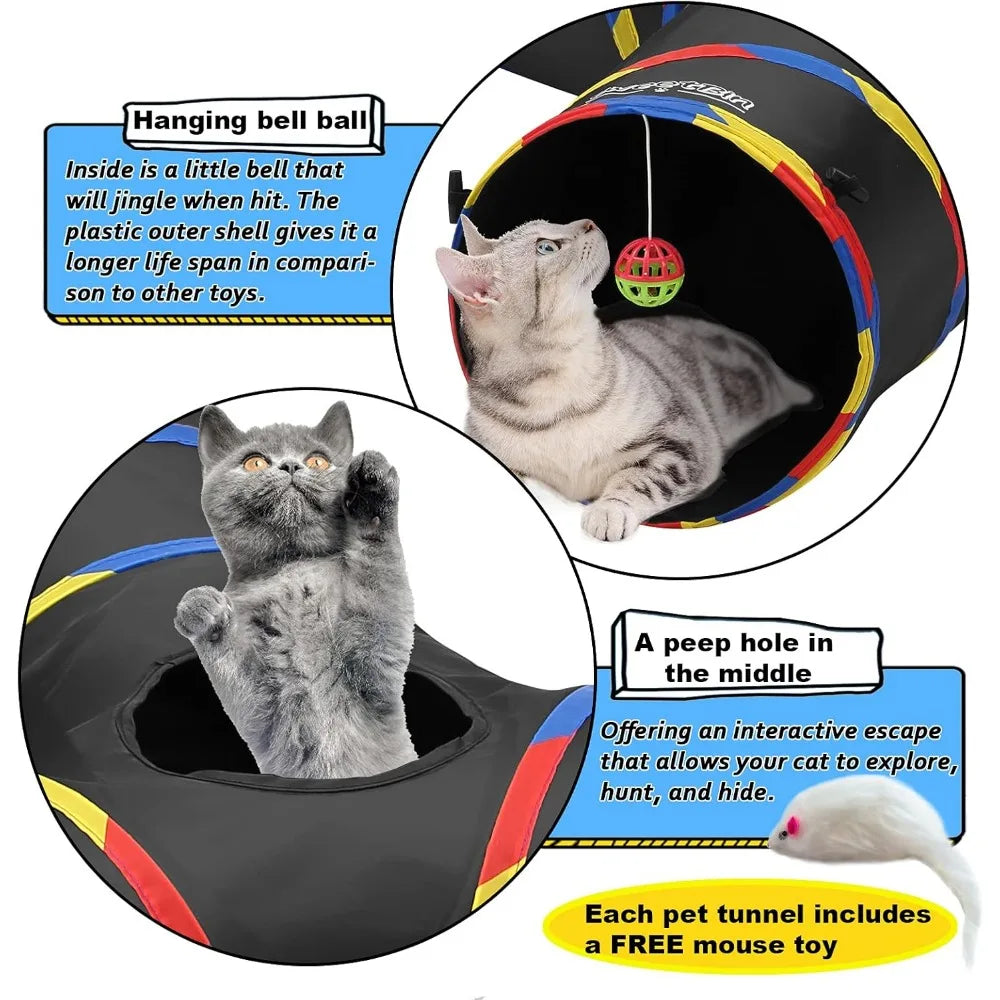 2 Pack Collapsible Cat Tunnels 3 Way, Cats Dogs Maze Tube with Ball for Indoor Outdoor Large Cat Play Toy (Black)