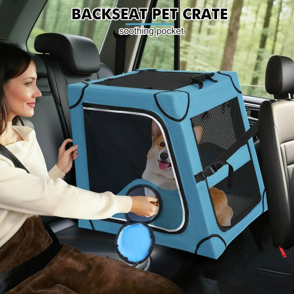 Portable Dog Crate for Car Travel, Metal Frame Pet Crate, Pet Carrier for Car Back Seat Secures with Headrest Strap