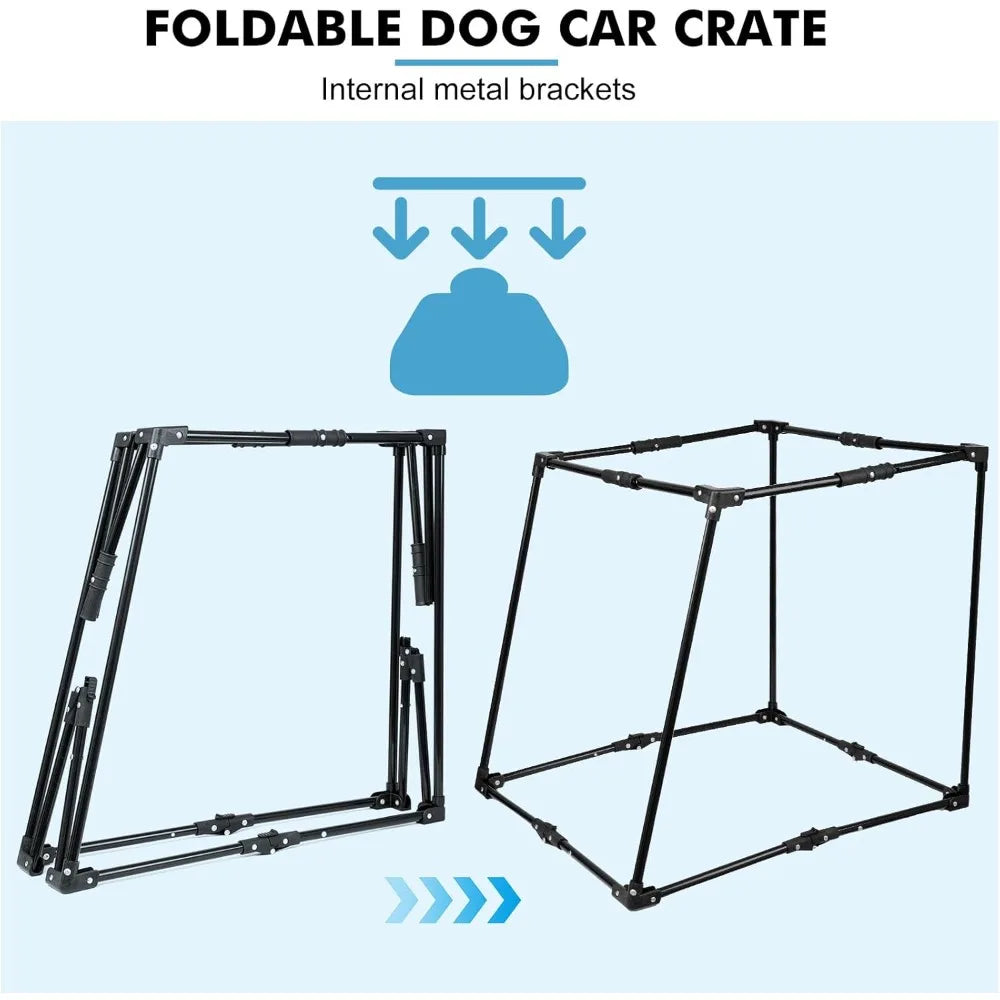 Portable Dog Crate for Car Travel, Metal Frame Pet Crate, Pet Carrier for Car Back Seat Secures with Headrest Strap