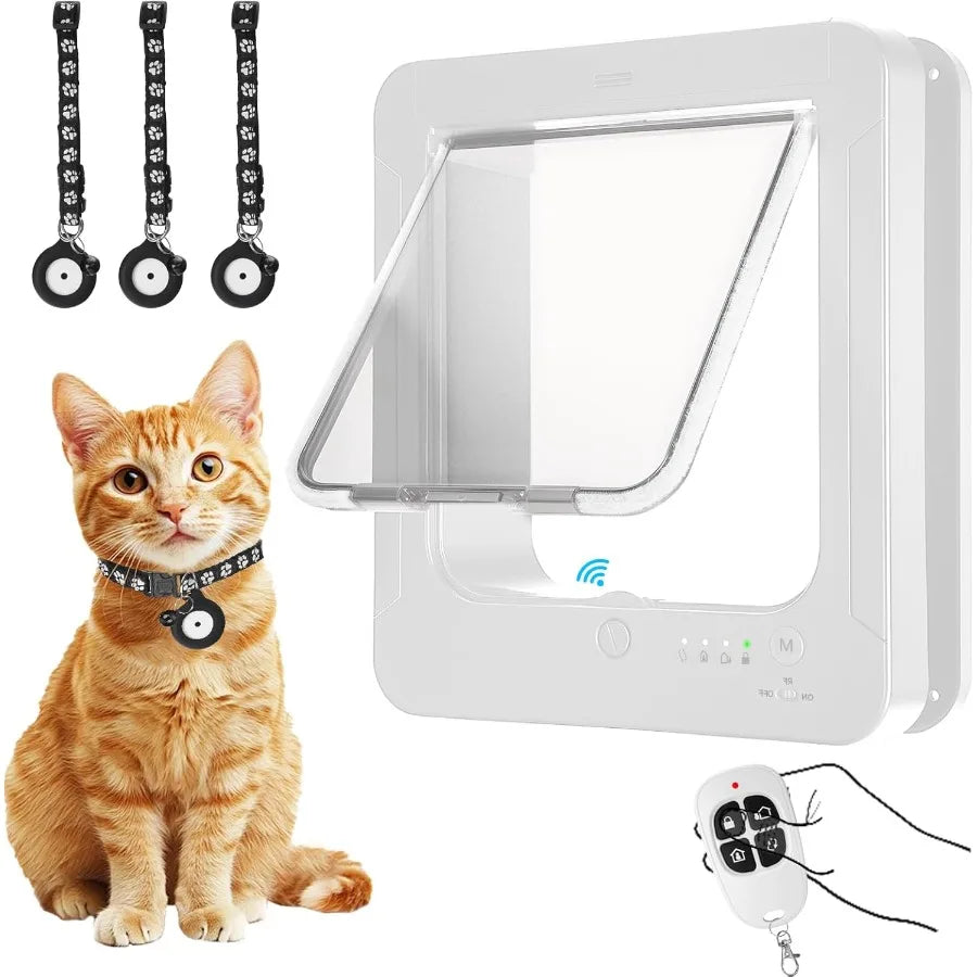 Smart Cat Door with 3 Collar Sensor RFID Cat Door Collar Activated with Remote Control 4 Way Locking Cat Flap Automatic Pet Doo
