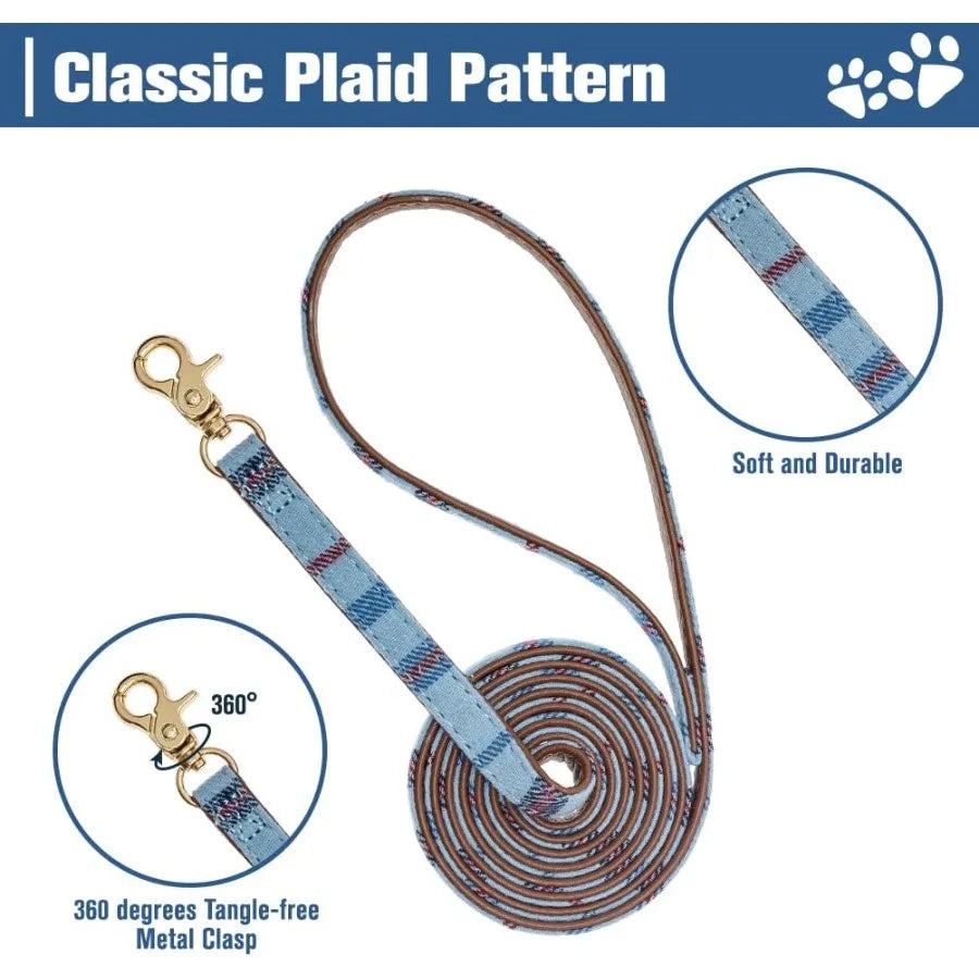 Puppy Collar and Leash Set Embroidery Pawprints Plaid Dog Collar and Dog Leash Set Bow Tie and Banda Dog Collar with Bell Cute