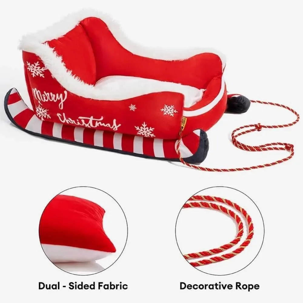 Christmas Sleigh-Themed Plush Dog and Cat Bed, 2025 Edition - Soft, Washable Holiday Pet Sofa