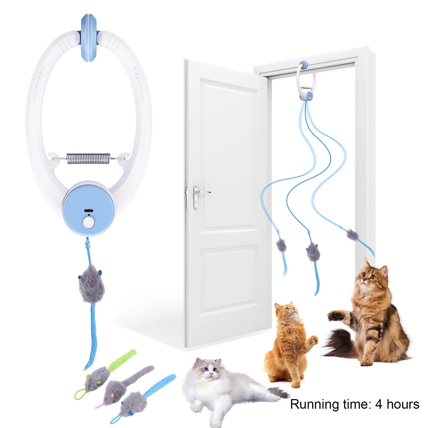 Door Hanging Automatic Retractable Kitten Toys with 3 Catnip Mice Independent Play Hanging Door Cat Toys for Bored Cats