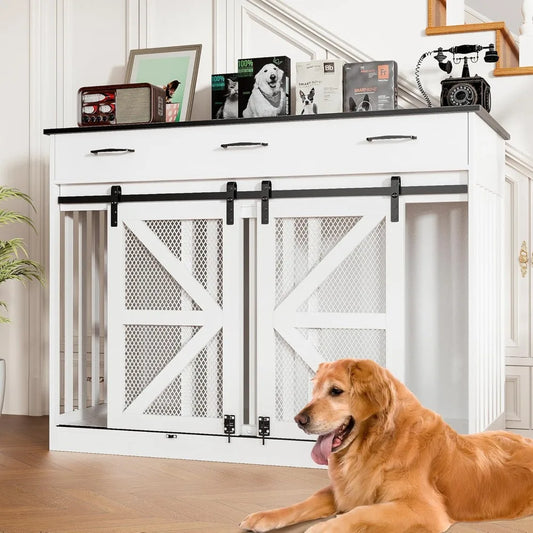 Double Door Wooden Dog Crate with Removable Divider and Storage for Medium to Extra Large Dogs