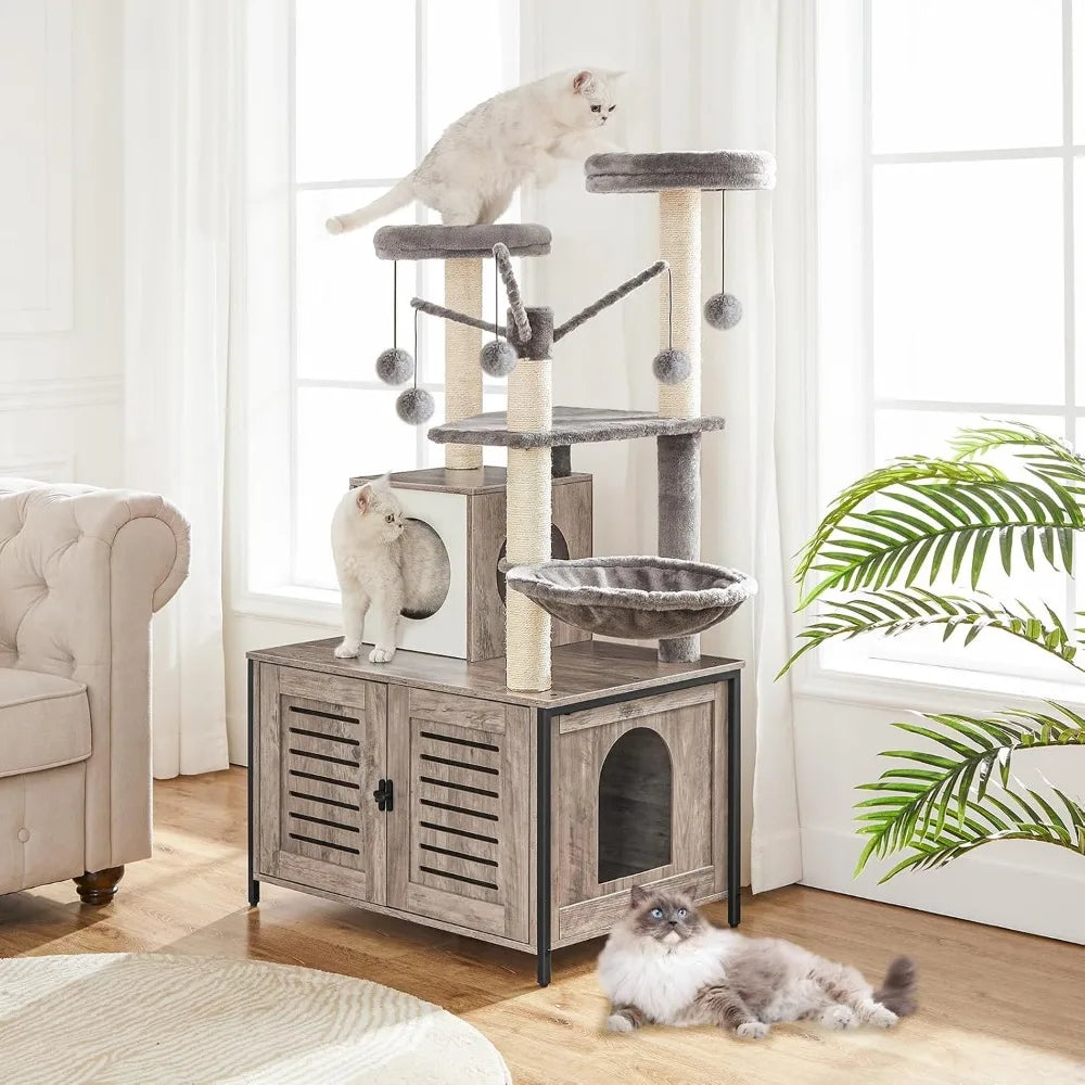All-in-One Wooden Cat Tower: 27.6 L x 18.9 W x 52 H, Indoor Cat Furniture with Integrated Litter Box Enclosure