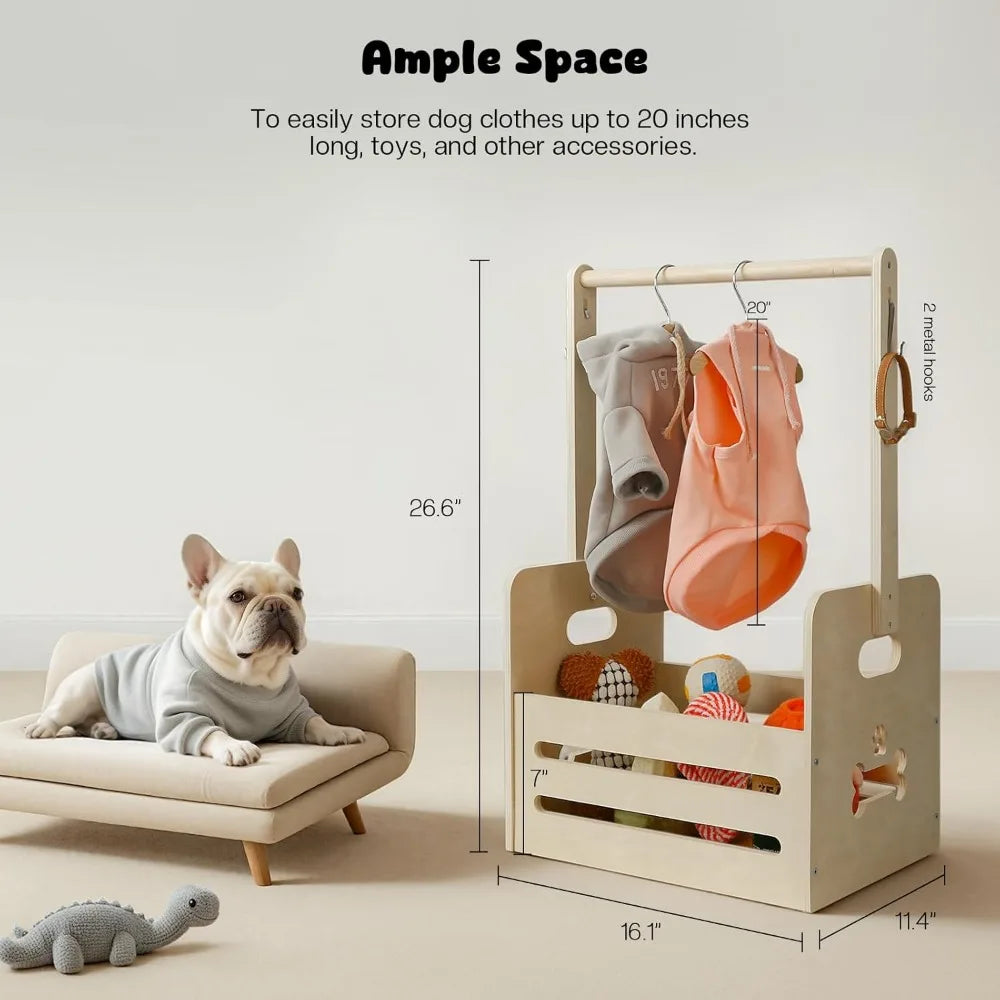 35L Wooden Dog Storage Organizer, Dog Toy Bin with Hanging Rods, 27"x16"x11" Pet Wardrobe Closet with 2 Metal Hooks, Pet Clothes