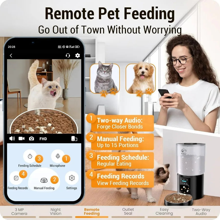 5L Automatic Cat Feeder with 2K HD Camera and Night Vision for Multiple Pets 5G WiFi Enabled Smart Dog Food Dispenser with Fres