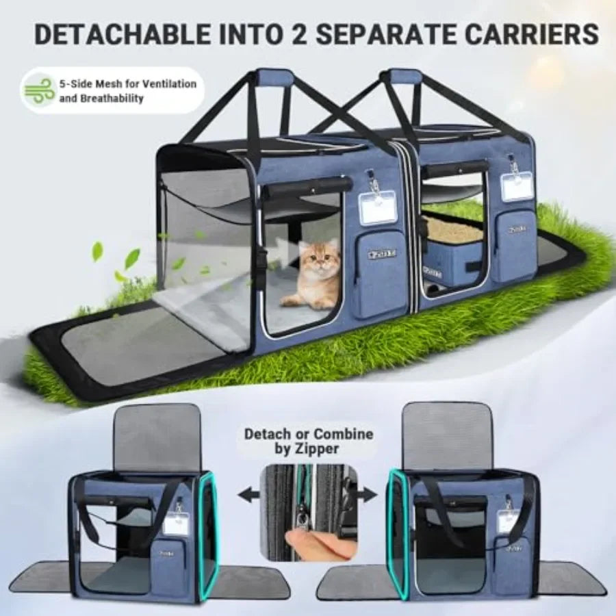 2 in 1 Double Cat Car Travel Carrier with Builtin Litter Box for Multiple Cats 38x17x18 Extra Large Portable Dual Carrier with