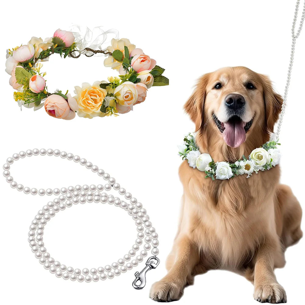 Dog Flower Collar and Leash Set for Large Dogs Pearls Beaded Dog Leash Collar Bows for Wedding Attire Wreath Pet Photo Prop
