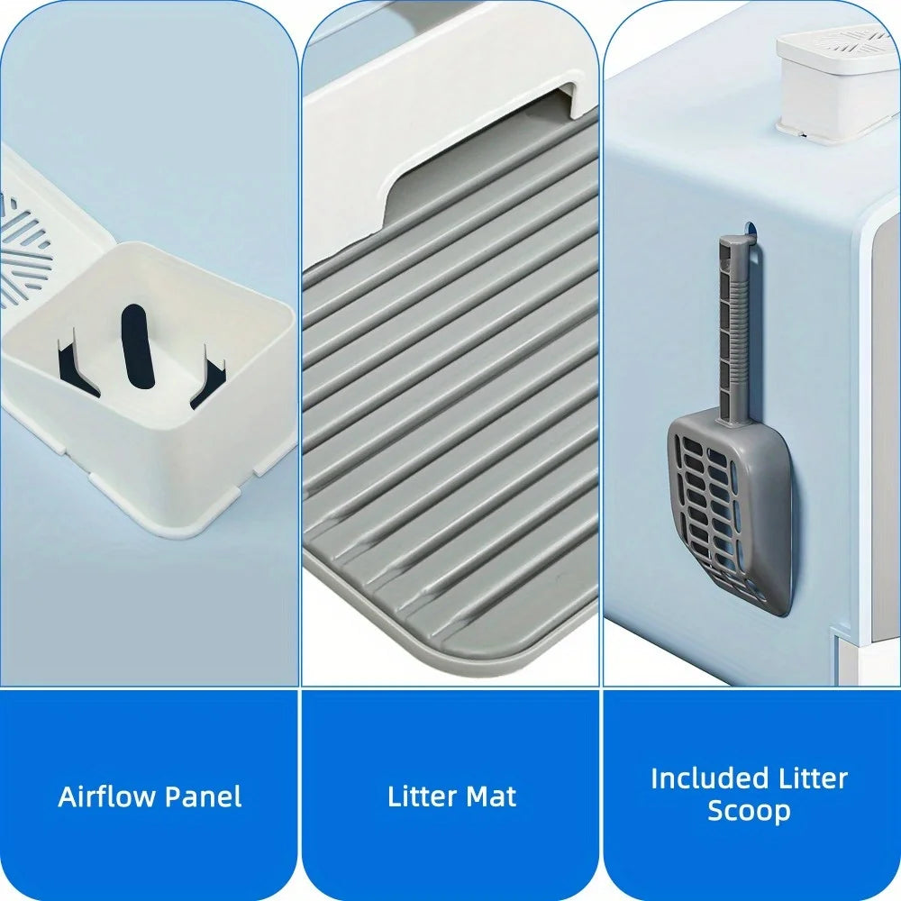 Uforic Enclosed Cat Litter Box - Odor-Free Hooded Design, Easy to Clean, with Mat, Scoop, and Durable Plastic Material - Blue